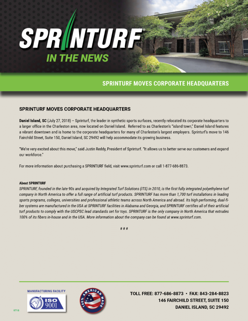 Sprinturf Relocates Corporate Headquarters